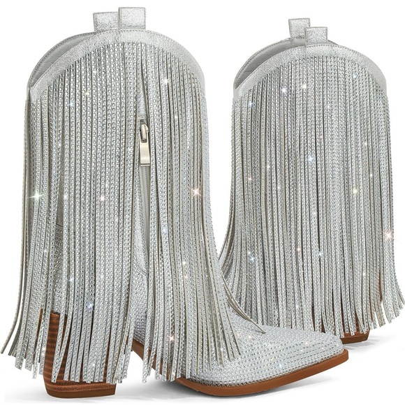 Silver Rhinestone Fringe Cowgirl Boots - Picture 6 of 8